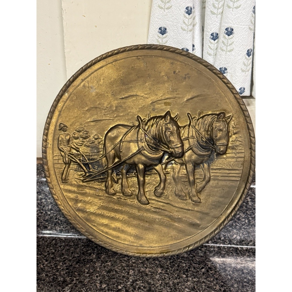 Vintage Embossed Brass Wall Plate Decorative Plate Made in England Horse & Plow - Picture 8 of 16